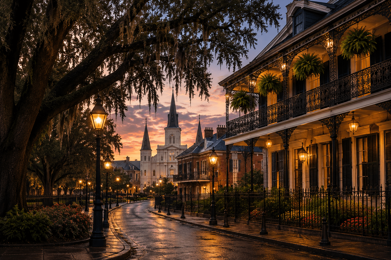 A New Orleans street at dusk — live oak and Spanish moss framing a lamplit view of St. Louis Cathedral and a wrought-iron balcony.